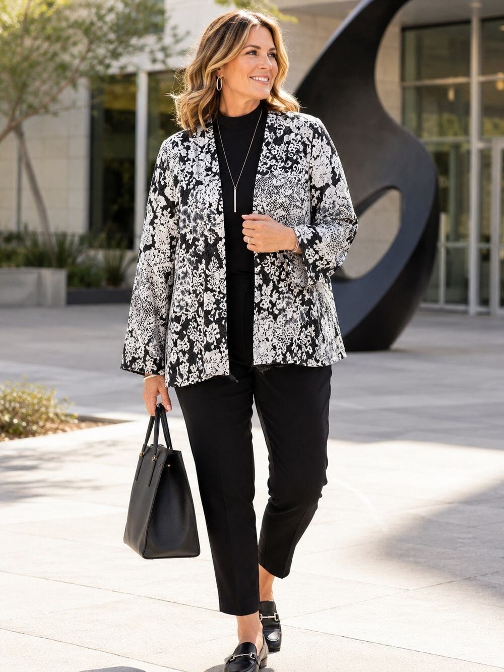 Analogy Textured Open Front Jacket Large Black White Floral Career Topper L